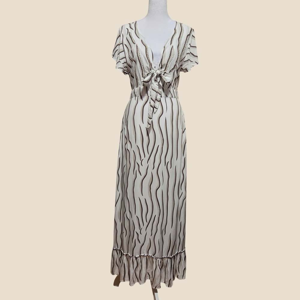 Skemo Beaded Zebra Print Maxi Dress Neutral Tie Front Boho Resort Womens Size M